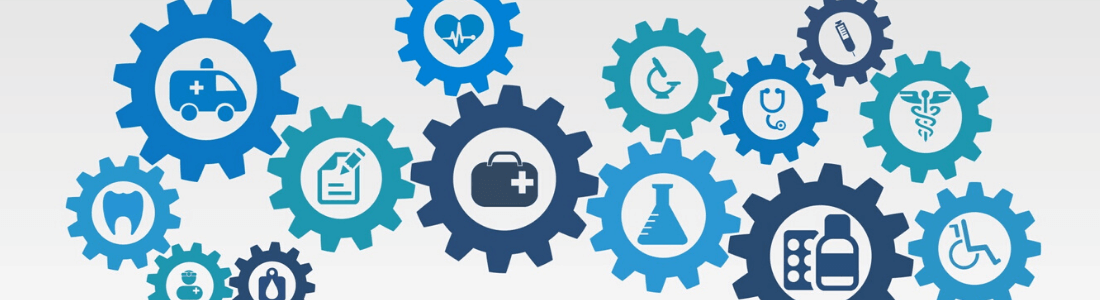 Interlocked cogs with various medical images at the centre of each cog